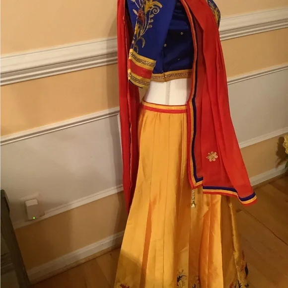 Vibrant Blue and Yellow Embroidered Lehenga Choli - Picture 7 of 12